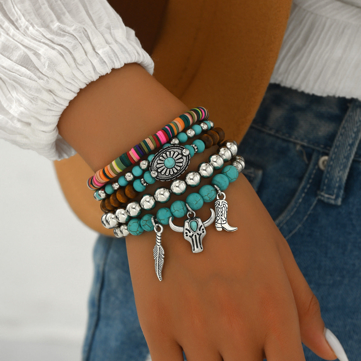 Wholesale Western Turquoise Cattle Head Hat Multi-layer Storestring Bracelet Multi-piece Beaded Bracelet